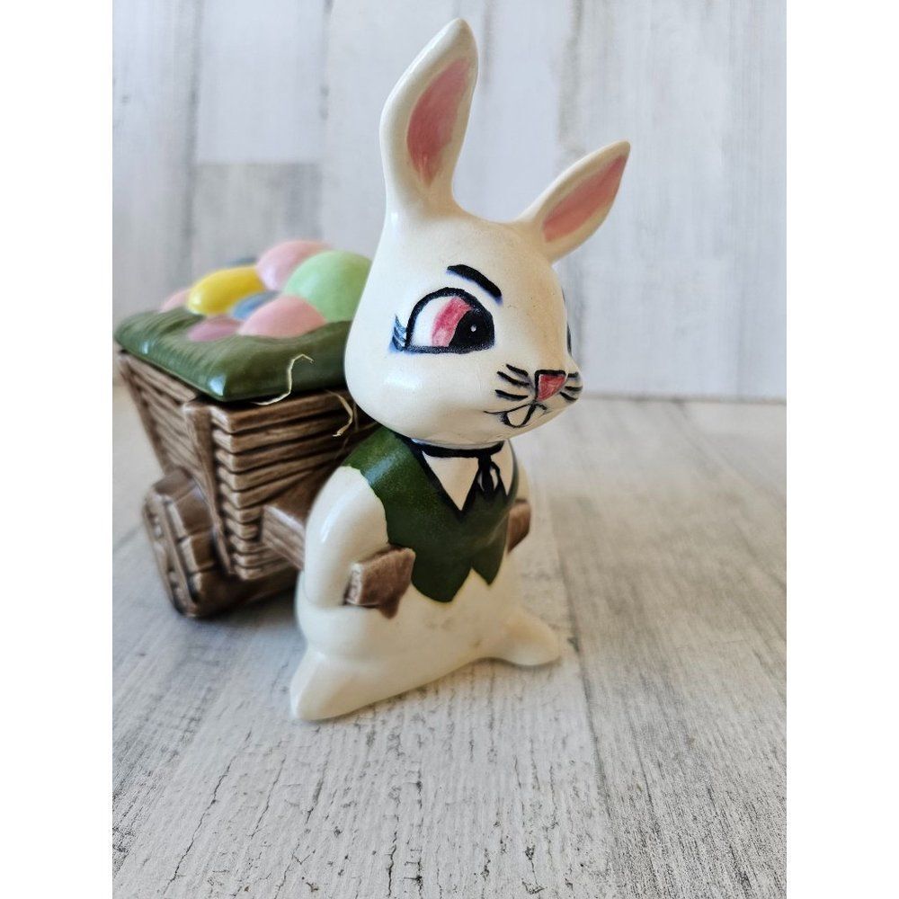 Ceramic vintage bunny basket cart Easter decor unique eggs